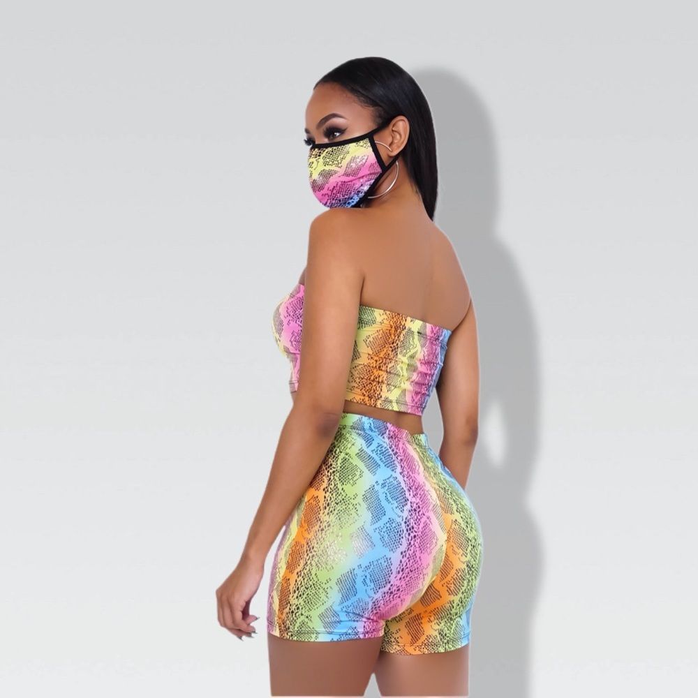High Waist Shorts and Tub Top with Matching Mask- Multicolor Print